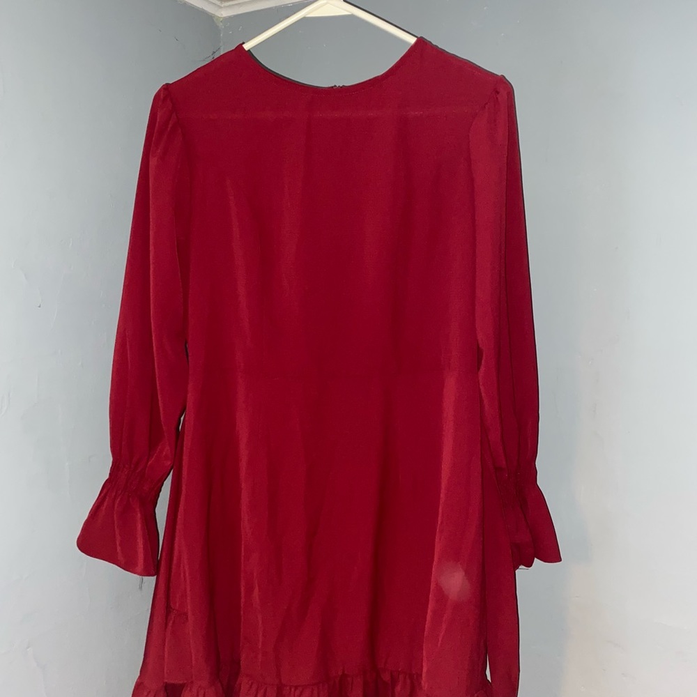 Red Long Sleeve Dress Mid Thigh Dress Faux Wrap - Picture 5 of 7